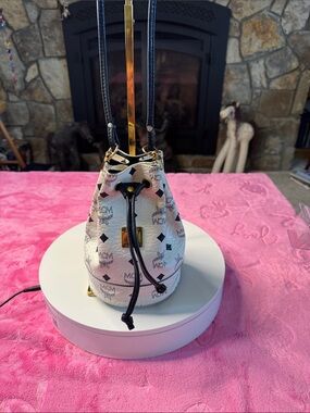 MCM Visetos Round Mini Drawstring Bucket Bag Cream/Black Gold Plate Authentic